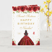赤い花のダークスキンガール スウィート16 カード (黄色い花)