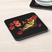 赤い花のトラのアゲハチョウの蝶 コースター (左側)