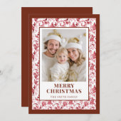 赤い花のトワル柄のクリスマス写真年賀状 シーズンカード (正面/裏面)