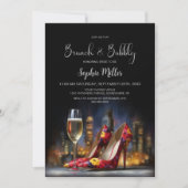 赤い花のハイヒールとシャンパン ブランチとバブルリー 招待状 (正面)