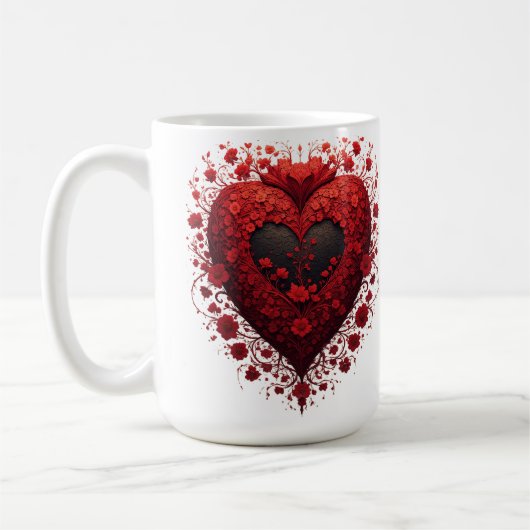 赤い花のハートデザイン - 花開くフラワー コーヒーマグカップ (左)