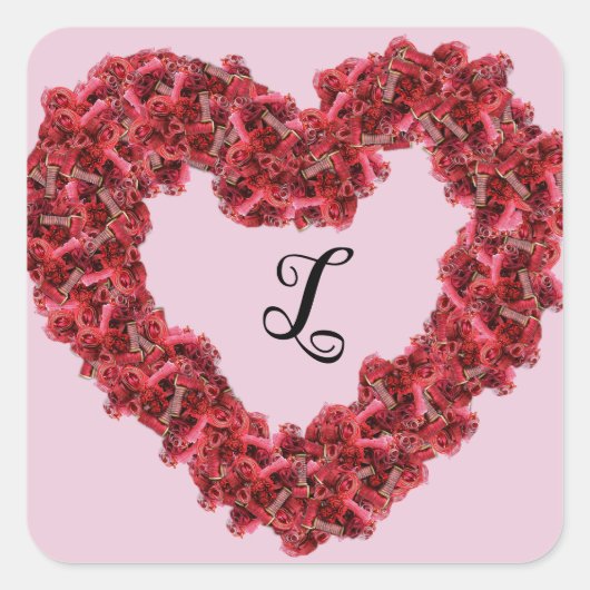 赤い花のハート モノグラム フラワーリング スクエアシール (正面)