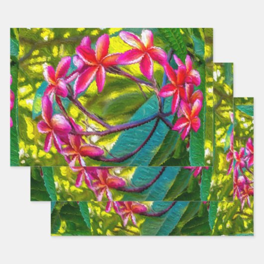 赤い花のプルメリア模様 ラッピングペーパーシート (セット)