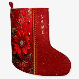 赤い花のホリデーストッキング ラージクリスマスストッキング