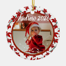 赤い花のポインセチアの赤ちゃんの最初のクリスマスの写真 セラミックオーナメント