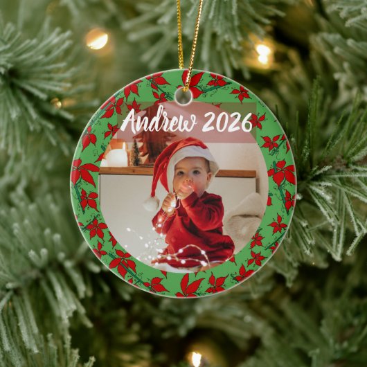 赤い花のポインセチア 赤ちゃんの最初のクリスマス 写真 セラミックオーナメント (ツリー)