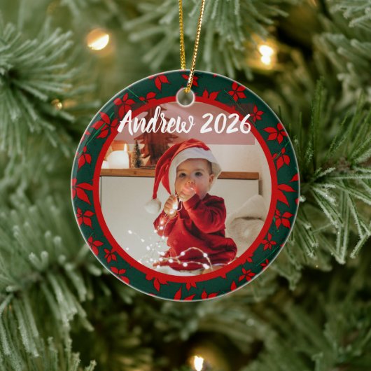 赤い花のポインセチア 赤ちゃんの最初のクリスマス 写真 セラミックオーナメント (ツリー)