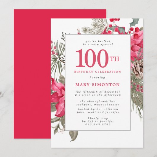 赤い花のポインセチア 100歳の誕生日パーティー招待状 招待状 (正面/裏面)