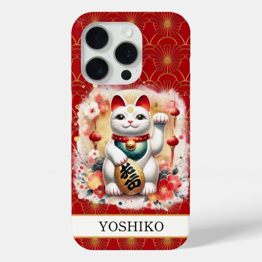 赤い花のラッキーキャット モノグラム Case-Mate iPhoneケース (裏面)