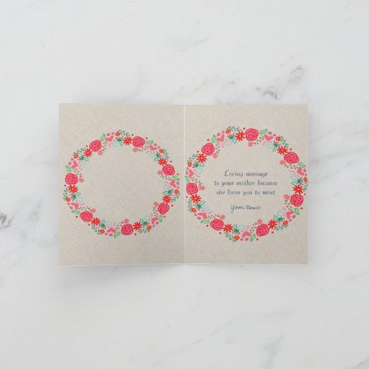 赤い花のリースに満ちた母の日 カード (内部)