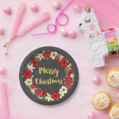 赤い花のリースの金ゴールドの黒板のクリスマスのプレート ペーパープレート (パーティー)