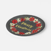 赤い花のリースの金ゴールドの黒板のクリスマスのプレート ペーパープレート (アングル)