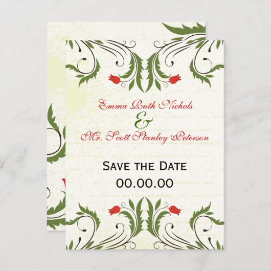 赤い花のヴィンテージ日付はがきを保存 案内ポストカード (正面/裏面)