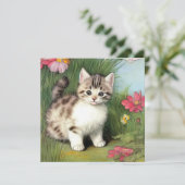 赤い花のヴィンテージ猫イラスト 招待状 (スタンド正面)