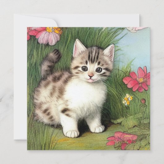 赤い花のヴィンテージ猫イラスト 招待状 (正面)