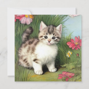 赤い花のヴィンテージ猫イラスト 招待状