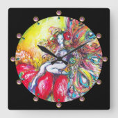 赤い花の上に座っているチタニア スクエア壁時計 (正面)