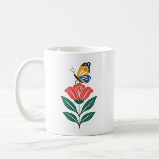 赤い花の上のカラフルな蝶の芸術 コーヒーマグカップ