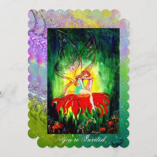 赤い花の上の妖精 紫 黄 緑の輝き 招待状 (正面/裏面)