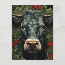 赤い花の中の牛 ポストカード