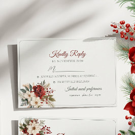 赤い花の冬の結婚式RSVPカード 出欠カード