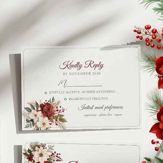 赤い花の冬の結婚式RSVPカード 出欠カード