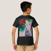 赤い花の可愛い猫 Tシャツ (裏面フル)