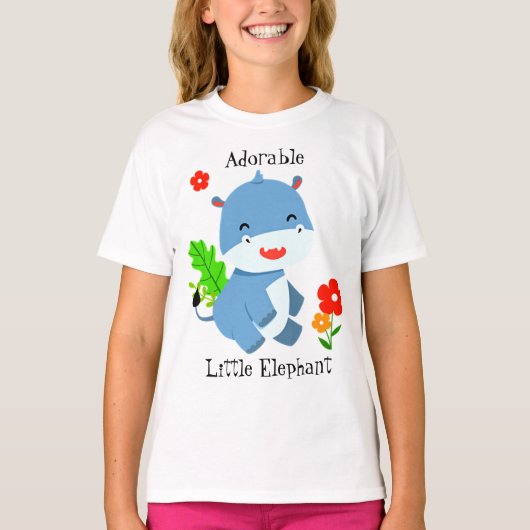 赤い花の可愛い青い象 Tシャツ (正面)