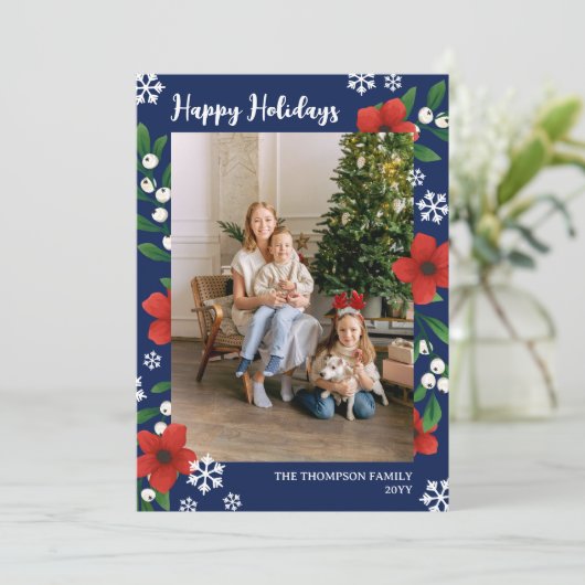 赤い花の実の雪の結晶のホリデーシーズンの写真 シーズンカード (スタンド正面)