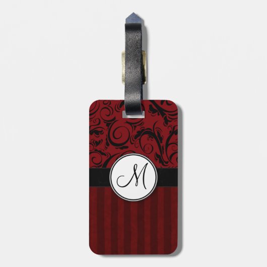赤い花の小束の黒はモノグラムと及び縞で飾ります ラゲッジタグ (裏面縦)