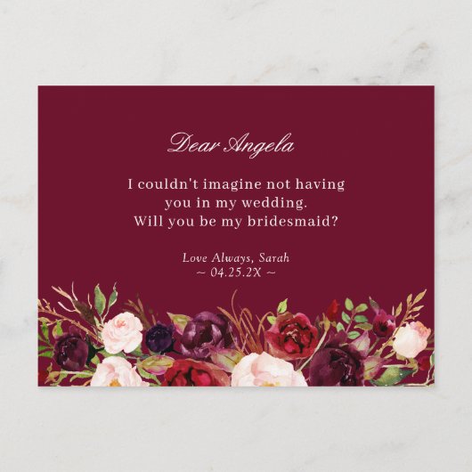 赤い花の幾何学模様のウェディングドレスの仲間になってくれる？ インビテーションポストカード (裏面)