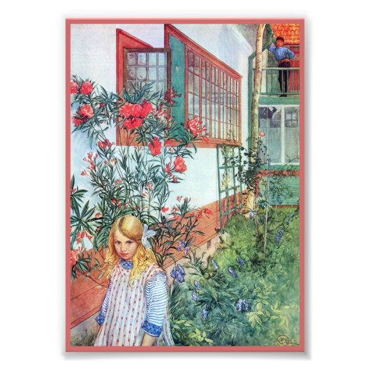 赤い花の庭の少女 フォトプリント            (正面)