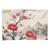 赤い花の日本の風景 枕カバー (正面右)