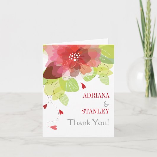 赤い花の春の結婚式 サンクス フォト サンキューカード (正面)