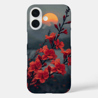 赤い花の月 スマホケース | エレガントな赤い花 iPhone 16ケース