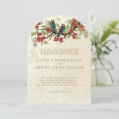 赤い花の枝の古い鳥のウェディング 招待状 (スタンド正面)