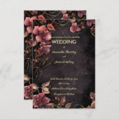 赤い花の枠線が入ったダークマーブル背景 招待状 (正面/裏面)