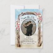 赤い花の水彩ビーチアーチと写真の結婚式 セーブザデート (正面)