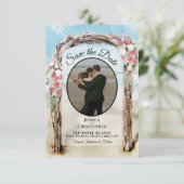 赤い花の水彩ビーチアーチと写真の結婚式 セーブザデート (スタンド正面)