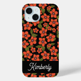 赤い花の水彩名前 iPhone 15ケース