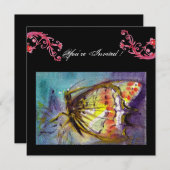 赤い花の渦巻きのあるマジカルバタフライ、黒と青 招待状 (正面/裏面)