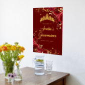 赤い花の渦 クインツァニエラ歓迎サイン ゴールド 箔ポスター (レイダウン (キッチン))