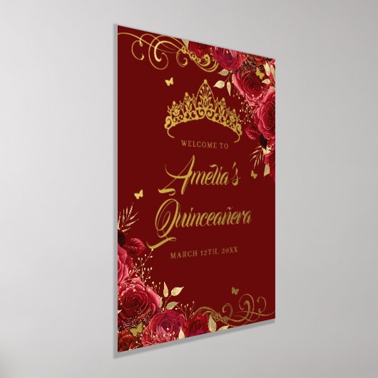 赤い花の渦 クインツァニエラ歓迎サイン ゴールド 箔ポスター (レイダウン)