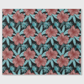 赤い花の熱帯シームレスパターンと青葉色 ラッピングペーパー (フラット)