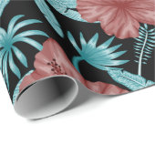 赤い花の熱帯シームレスパターンと青葉色 ラッピングペーパー (ロールコーナー)