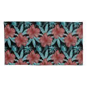 赤い花の熱帯シームレスパターンと青葉色 枕カバー (裏面-右)