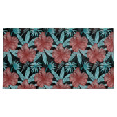 赤い花の熱帯シームレスパターンと青葉色 枕カバー (正面右)