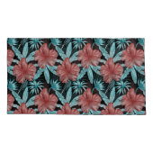 赤い花の熱帯シームレスパターンと青葉色 枕カバー (裏面-左)