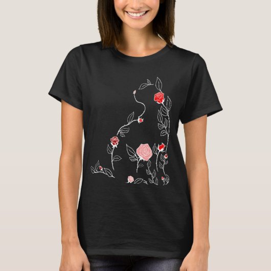 赤い花の猫の赤いグラフィック Tシャツ (正面)