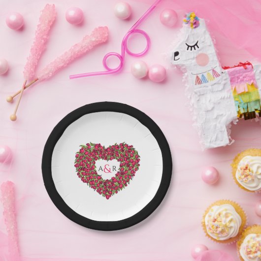 赤い花の結婚チューリップハートブーケモノグラム ペーパープレート (パーティー)